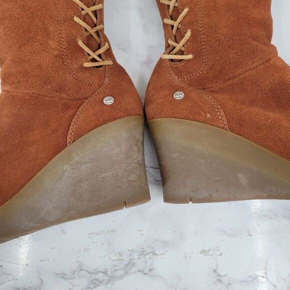 Ugg Felicity Brown Suede Wedge Boots with Real Sherpa Sheepskin Cuff And Footbed - Picture 11 of 16